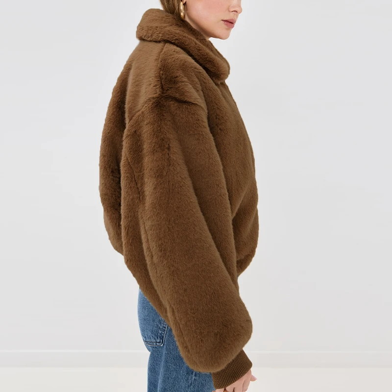 Vestes d'hiver à col en fausse fourrure pour femmes, couleur unie, col rabattu, manches longues, fermeture éclair, Style épais, manteaux amples Chic pour dames