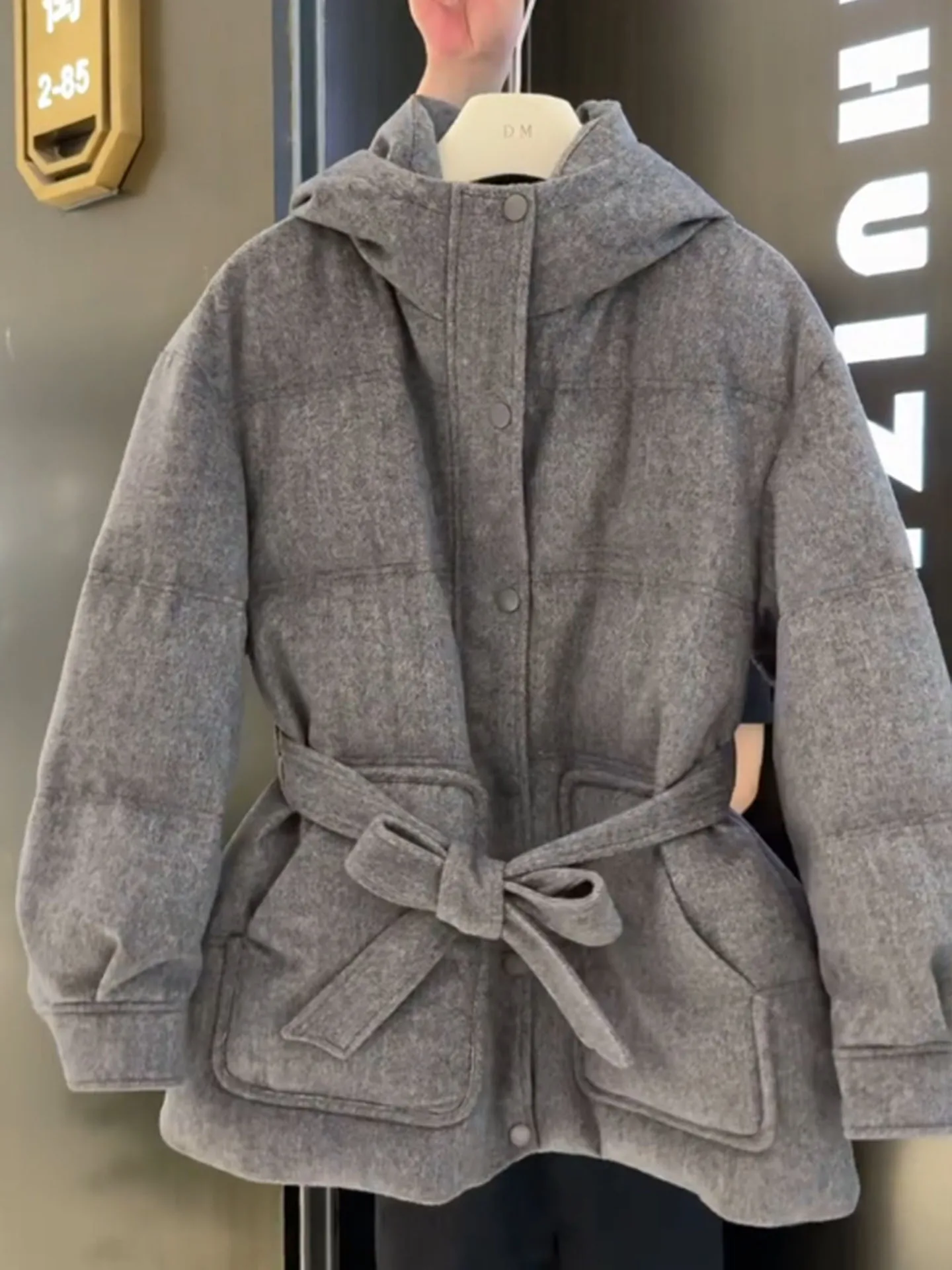 Ele ey Hooded Mid-Length down Jaet Women's Thiened Warm Slimming Outerwear Commute Sle High Waist Polyester Fiber