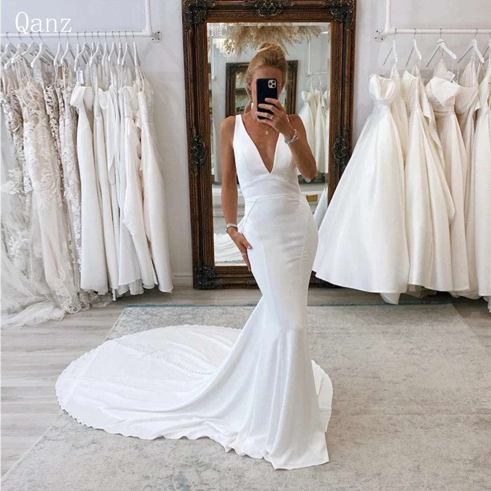 

Qanz Simple Deep V-Neck Satin Mermaid Wedding Dresses Vestido De Noiva Sexy Backless Bridal Gown Vestidos Baratos Y Envío Gratis