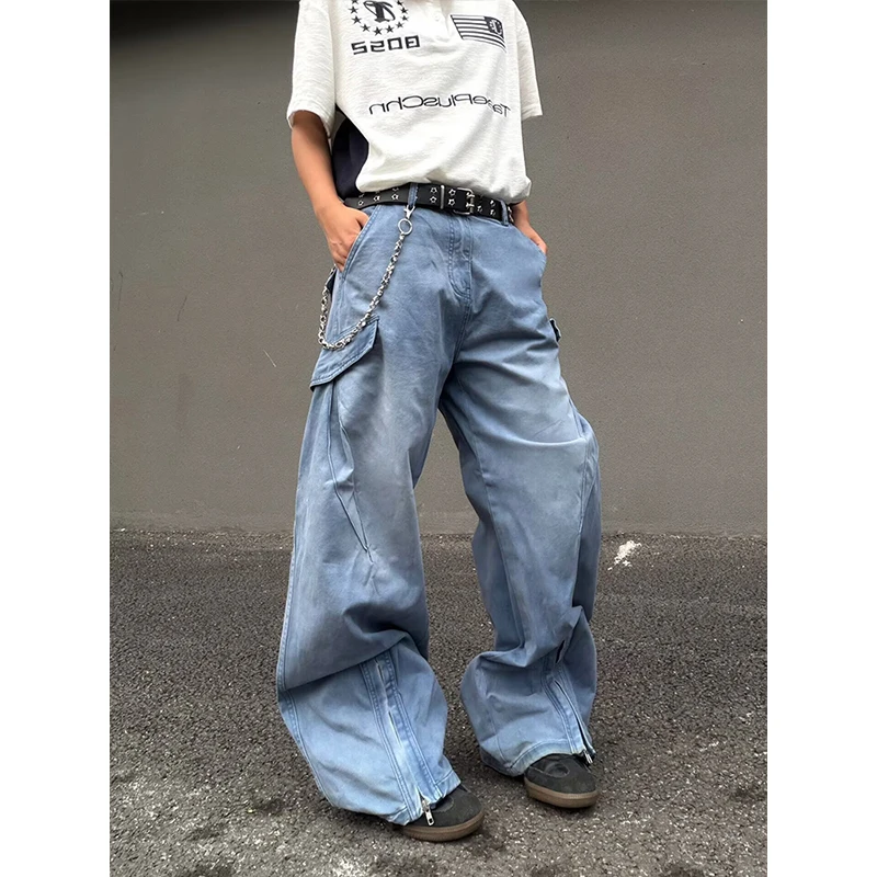 Men Vintage Retro Blue Baggy Wide Leg Jeans, Y2K Hip Hop Spliced Oversized Denim Pants, Streetwear Trousers for Daily Outfits