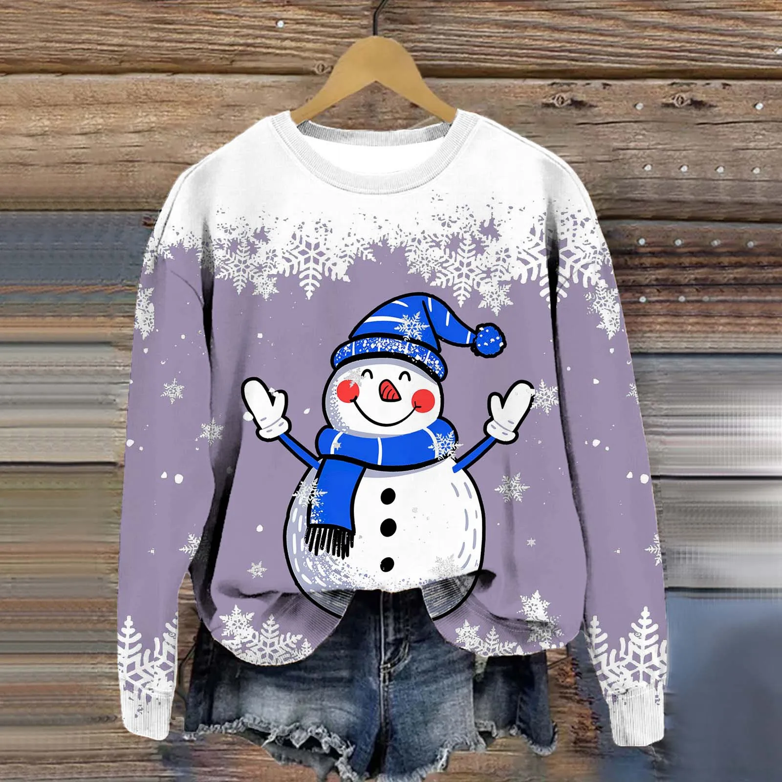 Women Christmas Sweatshirts Winter Snowman Snowflake Print Long Sleeve Y2k Hoodie Streetwear Pullovers Tops Comfortable Clothing