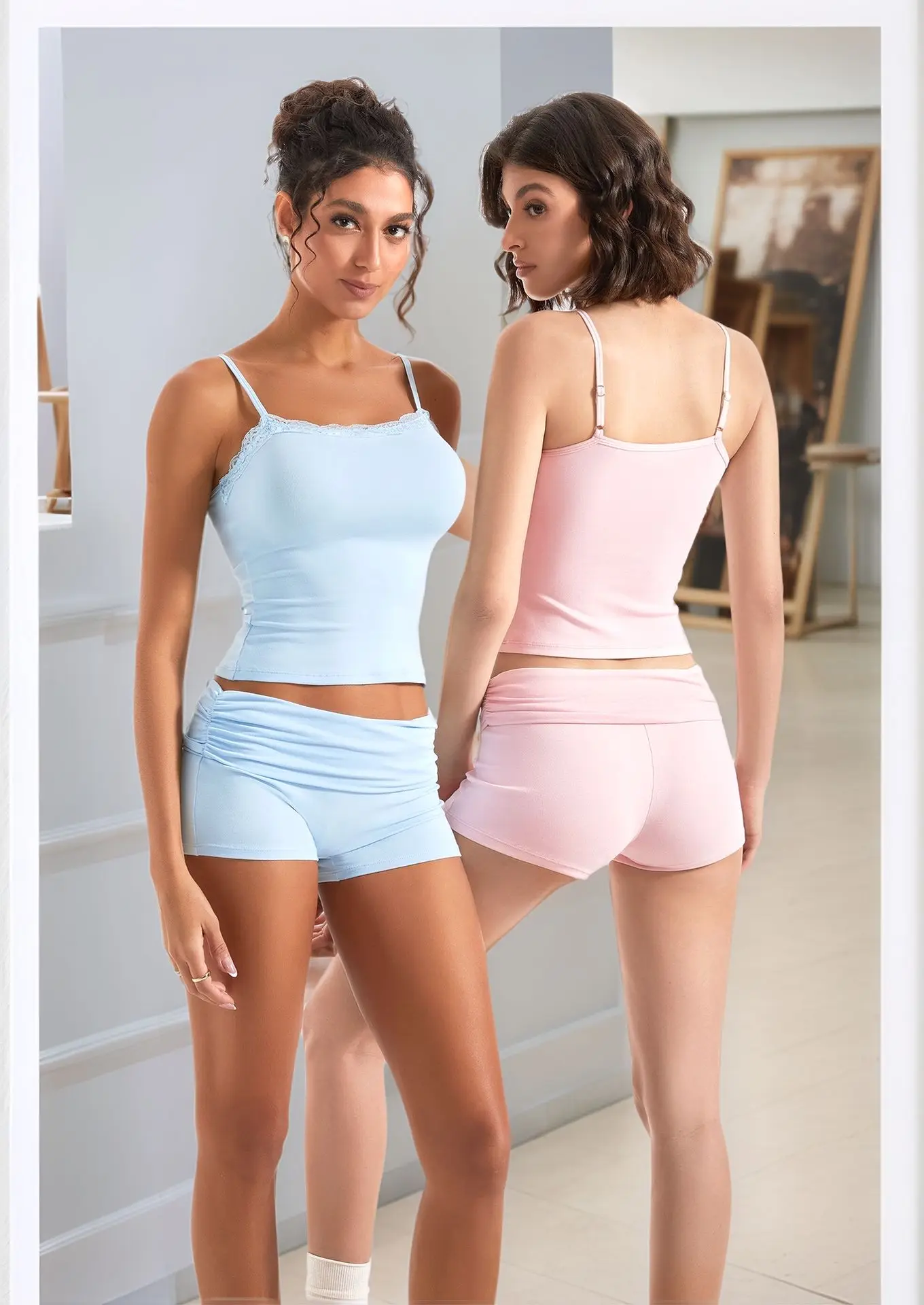 

Women 2 Piece Lounge Sets Shorts Pajama Set Lace Trim Cami Tank Top Casual Soft Comfortable Sleepwear Loungewear Female