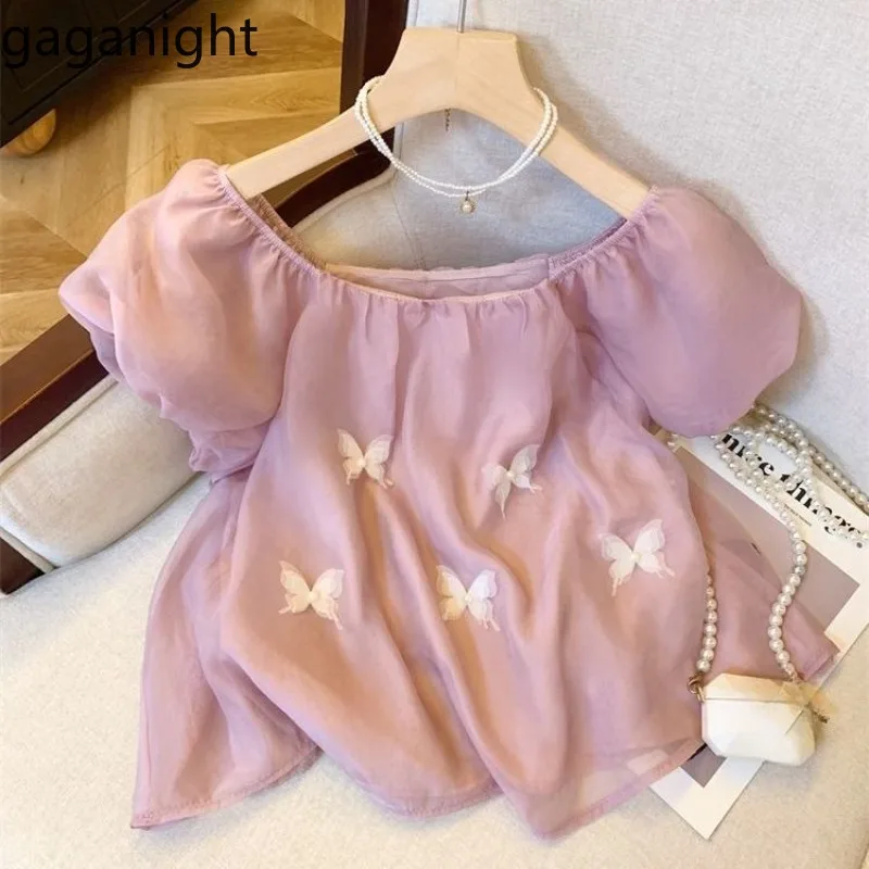 

Gaganight Chiffon Shirt Women Summer Style Three-dimensional Butterfly Splicing Bubble Sleeve Shirt Belly Covering Top