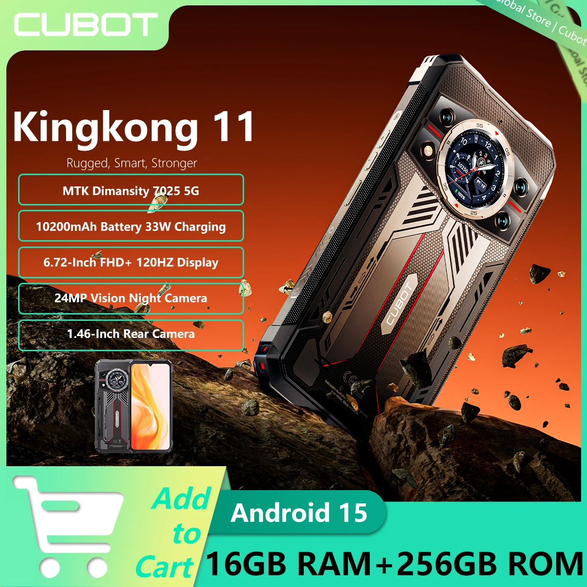 Прочный телефон Cubot Kingkong 11, размер 7025, 5G, 1,45 дюйма, задний дисплей, аккумулятор 10200 мАч, 33 Вт, 16 ГБ ОЗУ + 256 ГБ ПЗУ, 108 МП, камера NFC