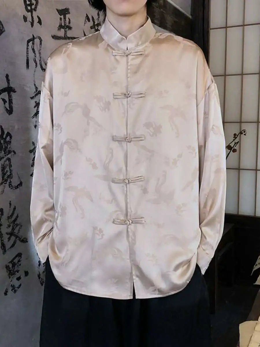 

Новая весенне-летняя мужская рубашка в стиле ретро, китайская, с длинным рукавом, на пуговицах, с принтом Феникса, свободного кроя, с воротником-стойкой, из чистого...