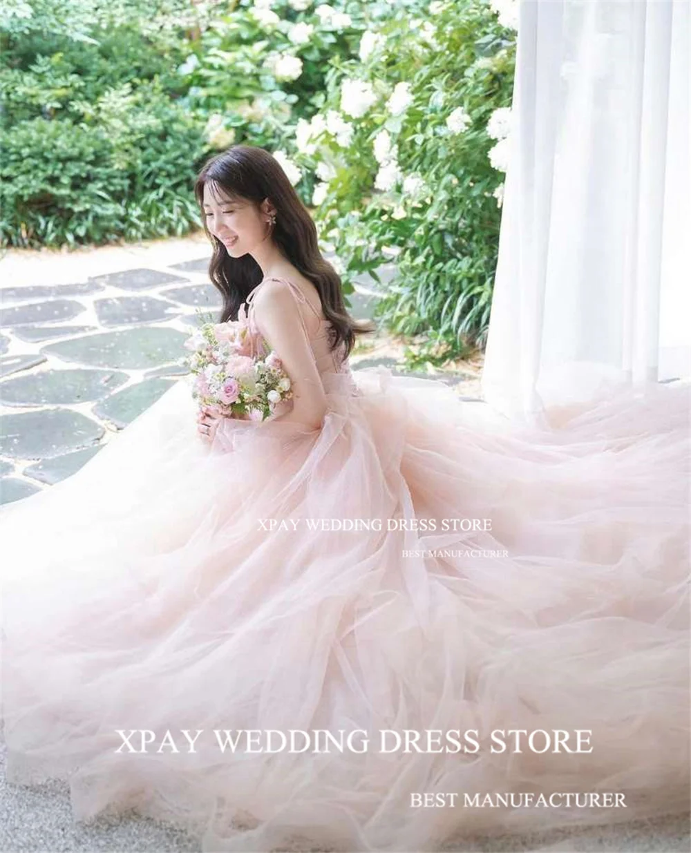 XPAY Spaghetti Strap Korean A Line Wedding Dresses 3D Flowers Appliques Bridal Dresses Tulle Tiered Backless Custom Bride Gown