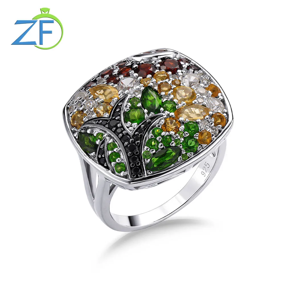 

GZ ZONGFA Original 925 Sterling Silve Square Tree Rings for Women 0.6ct Gems Natural Chrome Diopside Colorful Gems Fine Jewelry