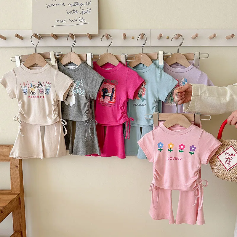 2-teiliges Mädchen-Outfit-Set, kurzärmeliges Oberteil mit fester Schleife, hoch taillierte Schlaghose, leichte Baumwoll-Spielbekleidung für Frühling und Sommer