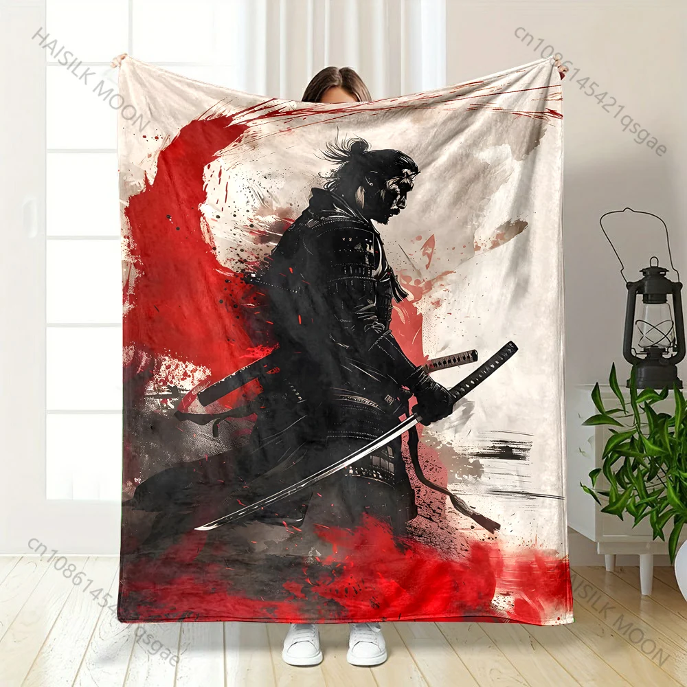 1PC Samurai silhouette with red background printed blanket all seasons multi-purpose blanket suitable for sofa camping travel RV