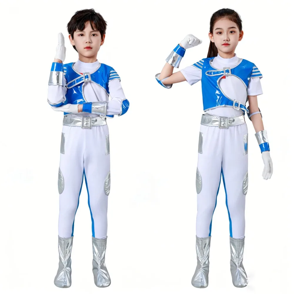 

Unisex Astronaut Costume Blue White Space Suit for Boys Girls Halloween Carnival Cosplay Performance Jumpsuit Robot Performance