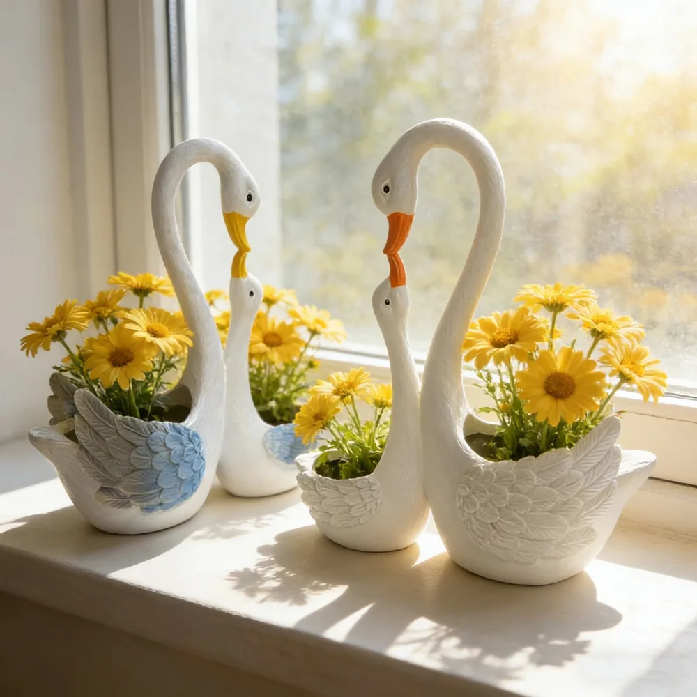DSA Creative Double-headed Mother and Son Swan Pot Garden Green Plant Breeding Decorative Pot Plant