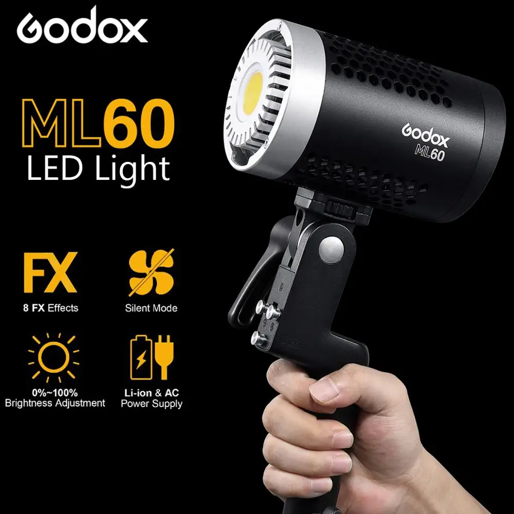 Godox-luz em led com ajuste de brilho, modos silenciosos, 60w, suporte para íon de lítio com fonte de alimentação, luz led para ambientes externos