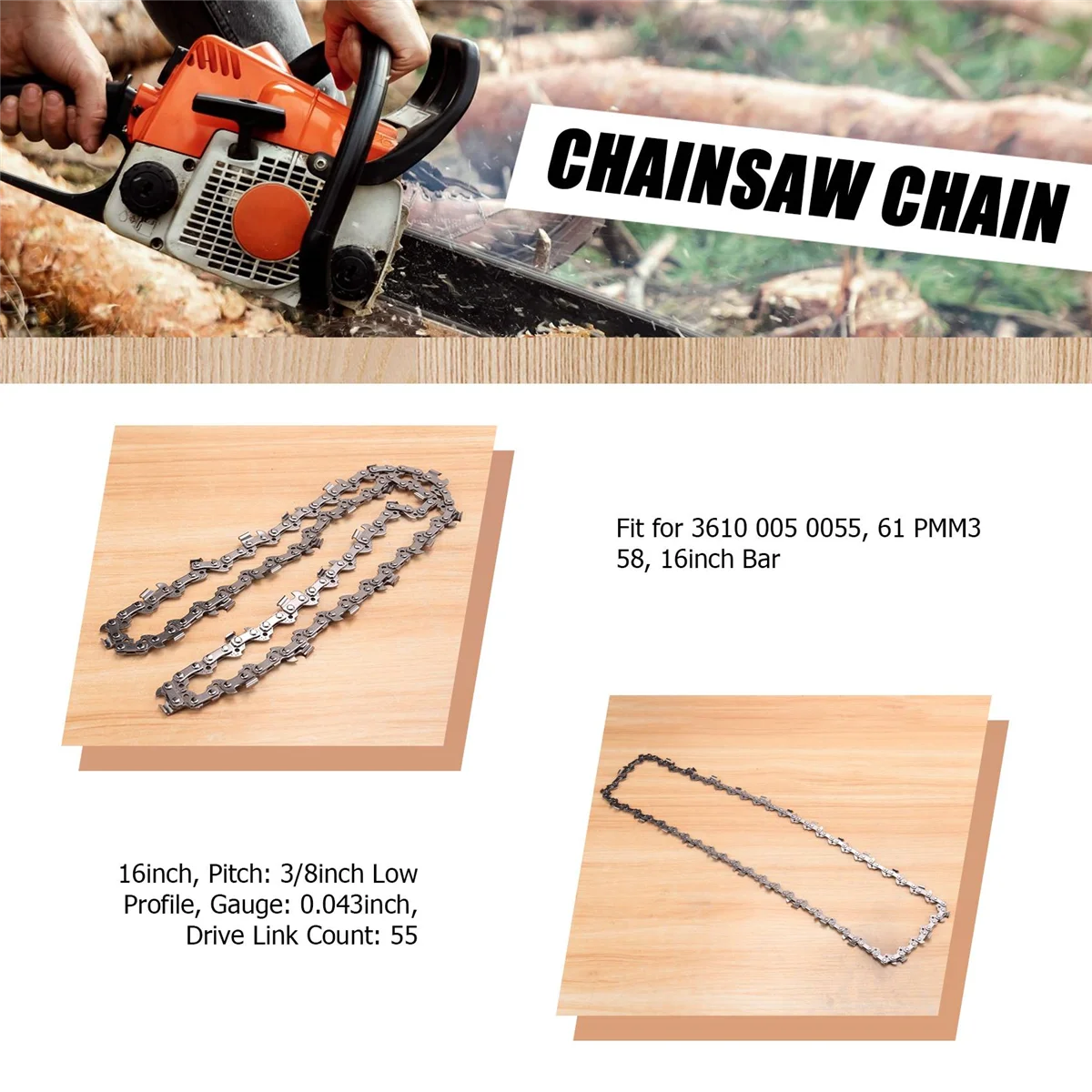 2Pcs 16 Inch Chainsaw Chain 3/8 LP 55 Drive Chain for Stihl MS170 MS180 61PMM355, for Oregon 90PX055 90PX R55 Chain