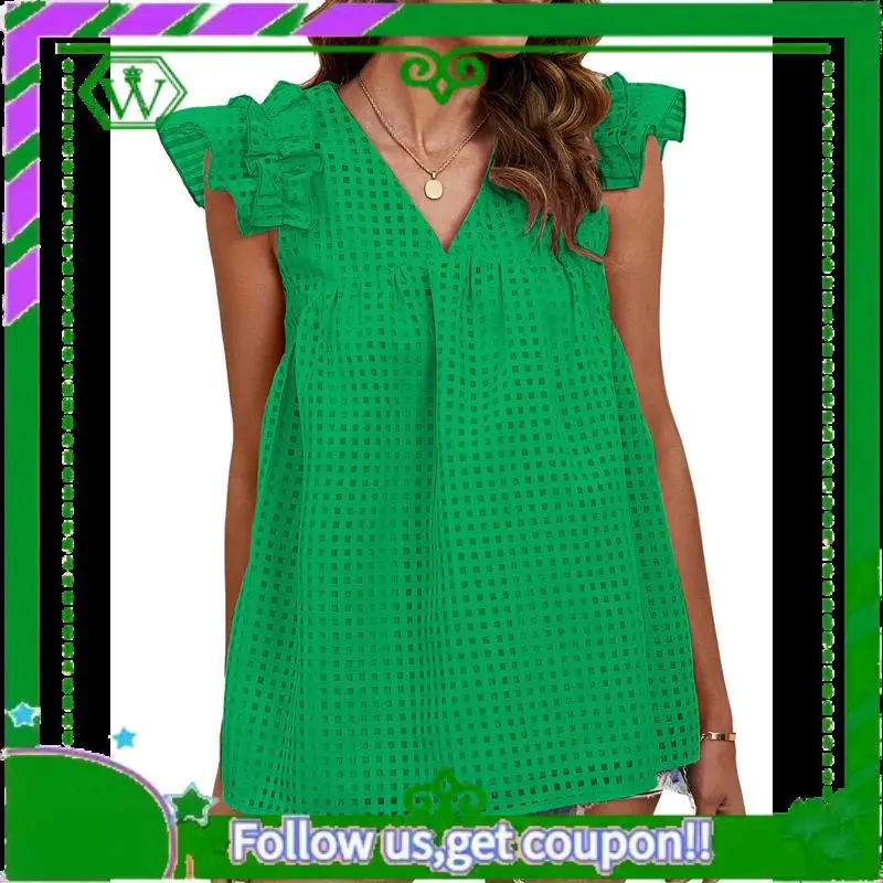 A18P-เสื้อสตรีคอวีRuffle Babydoll - Sheer Peplum Top, Flowy Casual Loose Fit,เสื้อฤดูร้อนของผู้หญิง