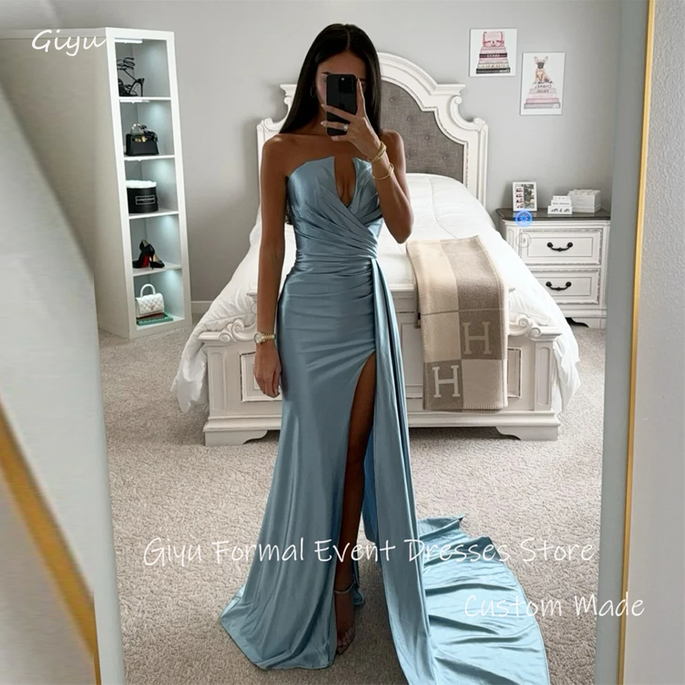 

Giyu Dusty Blue Mermaid Long Evening Dresses Strapless Split Pleats Prom Gowns Formal Party Occasion Dress Vestidos de fiesta