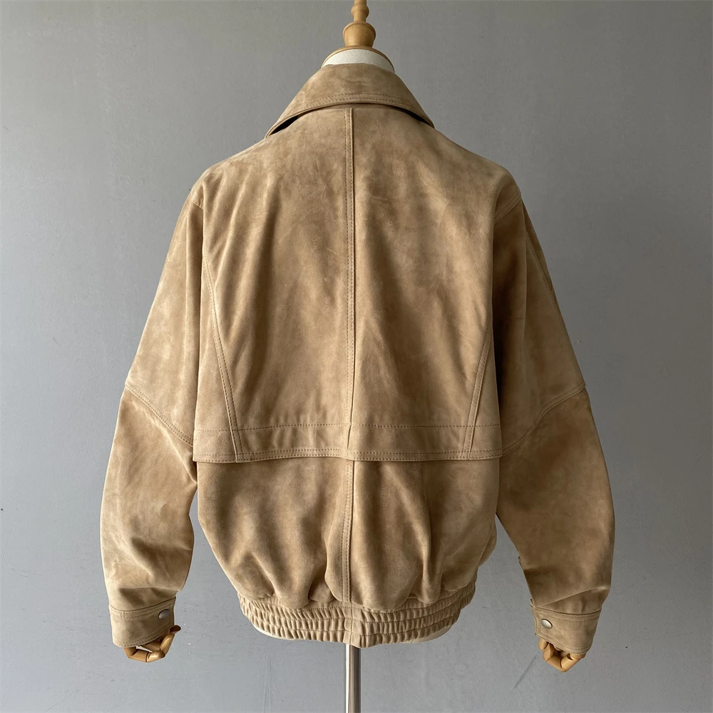 Jaxmonoy jaqueta de couro de camurça real para mulheres 2025 outono nova chegada casaco de pele de carneiro oversized senhora moda jaquetas de couro genuíno