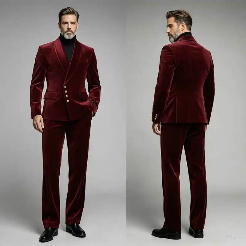 Chic Velvet Men 2 Piece Tuxedo Shawl Lapel Double Breasted Jacket Pants Formal Suit Outfit For Groom Prom Gala Events Customized