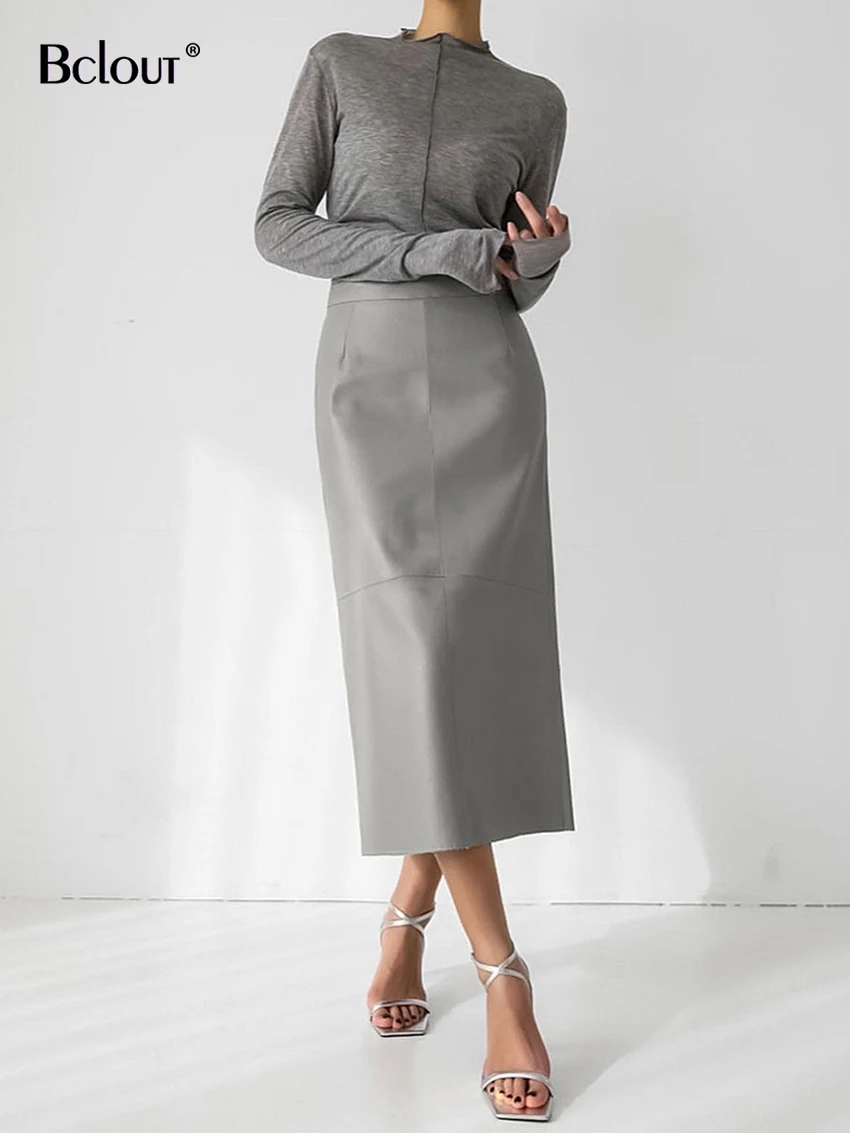 

Bclout Autumn Gray Leather Skirts Women 2024 Elegant Office Lady Black Pu Straight Skirts Fashion Party Slit Long Skirts Female