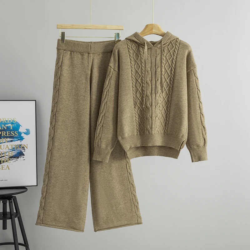 

Autumn and Winter New Fashion Hooded Solid Color Sweater Set Women's Loose Wide-Leg Pants Casual Two-Piece Set