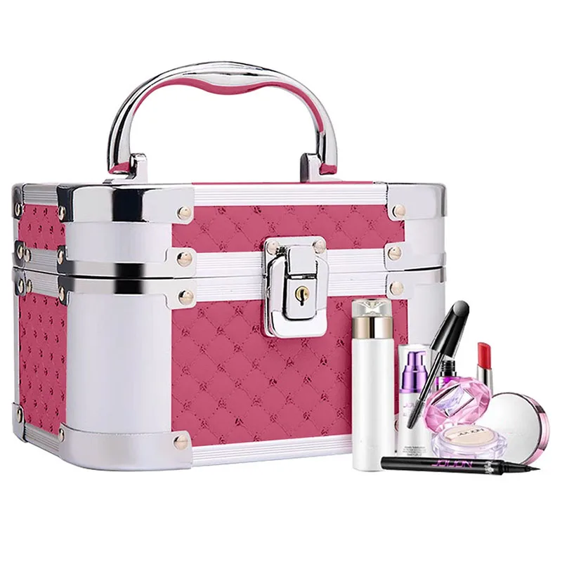 Mini Aluminium Alloy Travel Makeup Case With Lock Portable Cosmetology Nail Enhancement Toolbox Makeup Box Mirror Cosmetic Bag