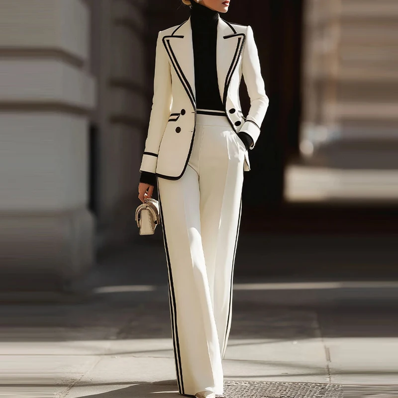 

Модный женский костюм-двойка: пиджак с отложным воротником и брюки, повседневный комплект с длинными рукавами и карманами, элегантный деловой костюм с длинными брюками