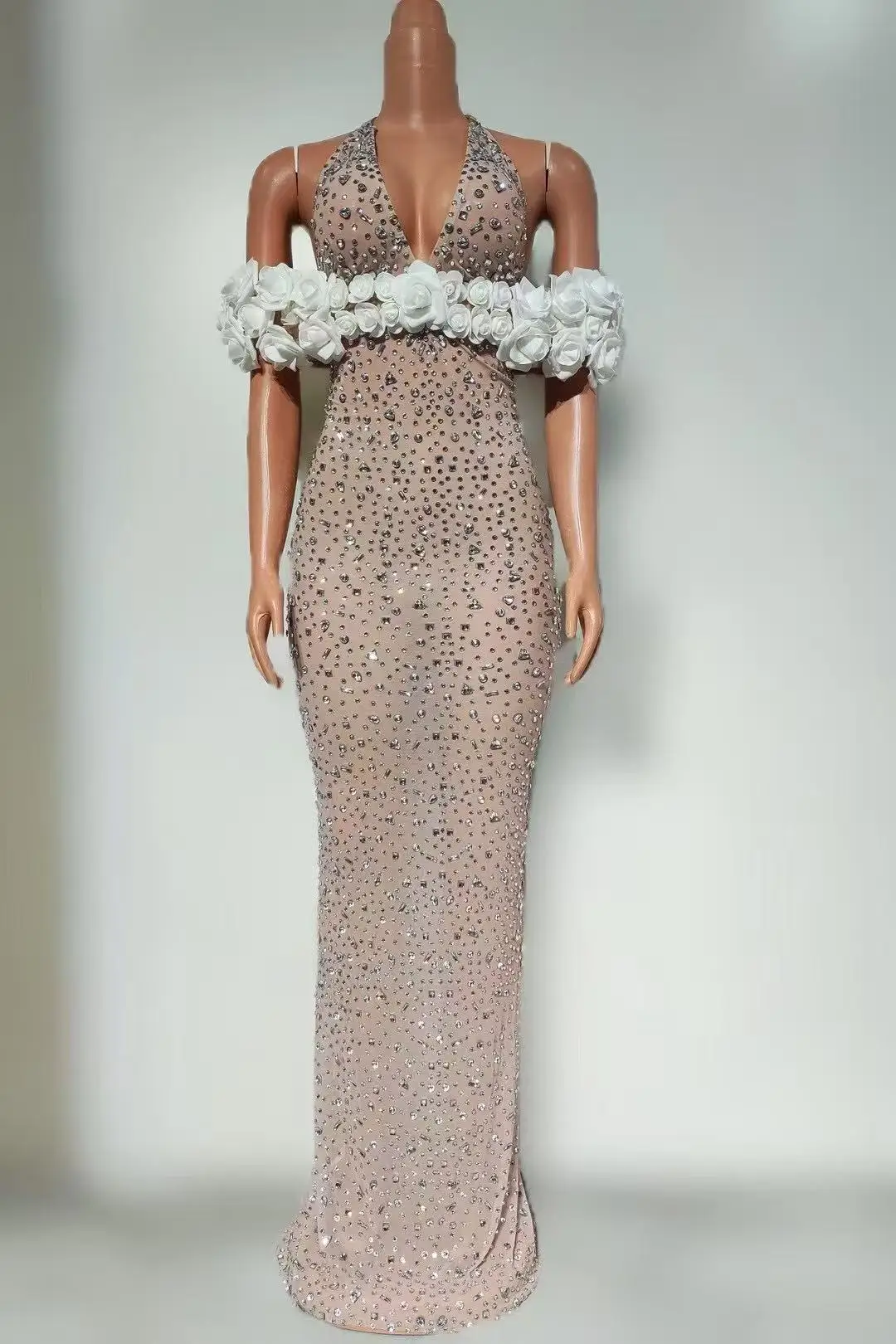 Robe longue élégante à fleurs et strass pour femmes, épaules dénudées, Sexy, maille, soirée, bal, anniversaire, vêtements de séance Photo