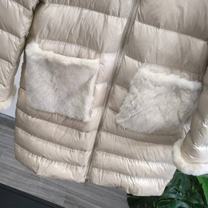 2023 Winter Real Rabbit Fur Coats Ladies Thicken Warm Outwear Women 90% White Duck Down Jacket Long Down Parka Female Slim Coat