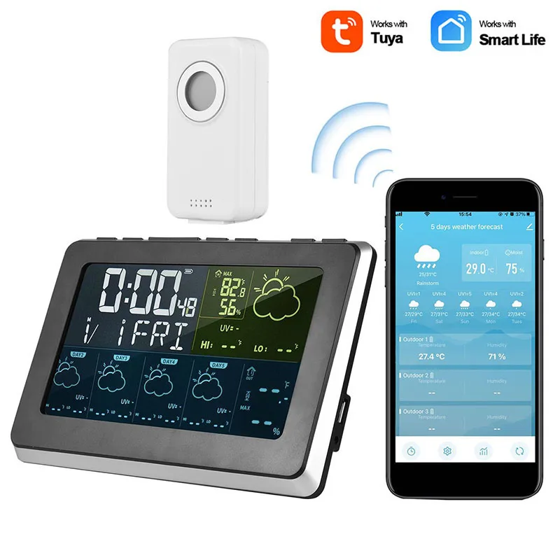 Tuya WiFi Smart Weather Station APP Control Digital Temperature Humidity Monitor, 5 Days Weather Forecast, 3 Alarm Clock Models