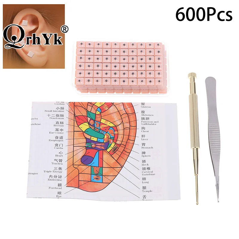 4 In 1 Set Multi-Condition Ear Seeds Acupuncture Auricular Sticker Kit 600pcs With Acupressure Chart Tweezer Auricular Probe