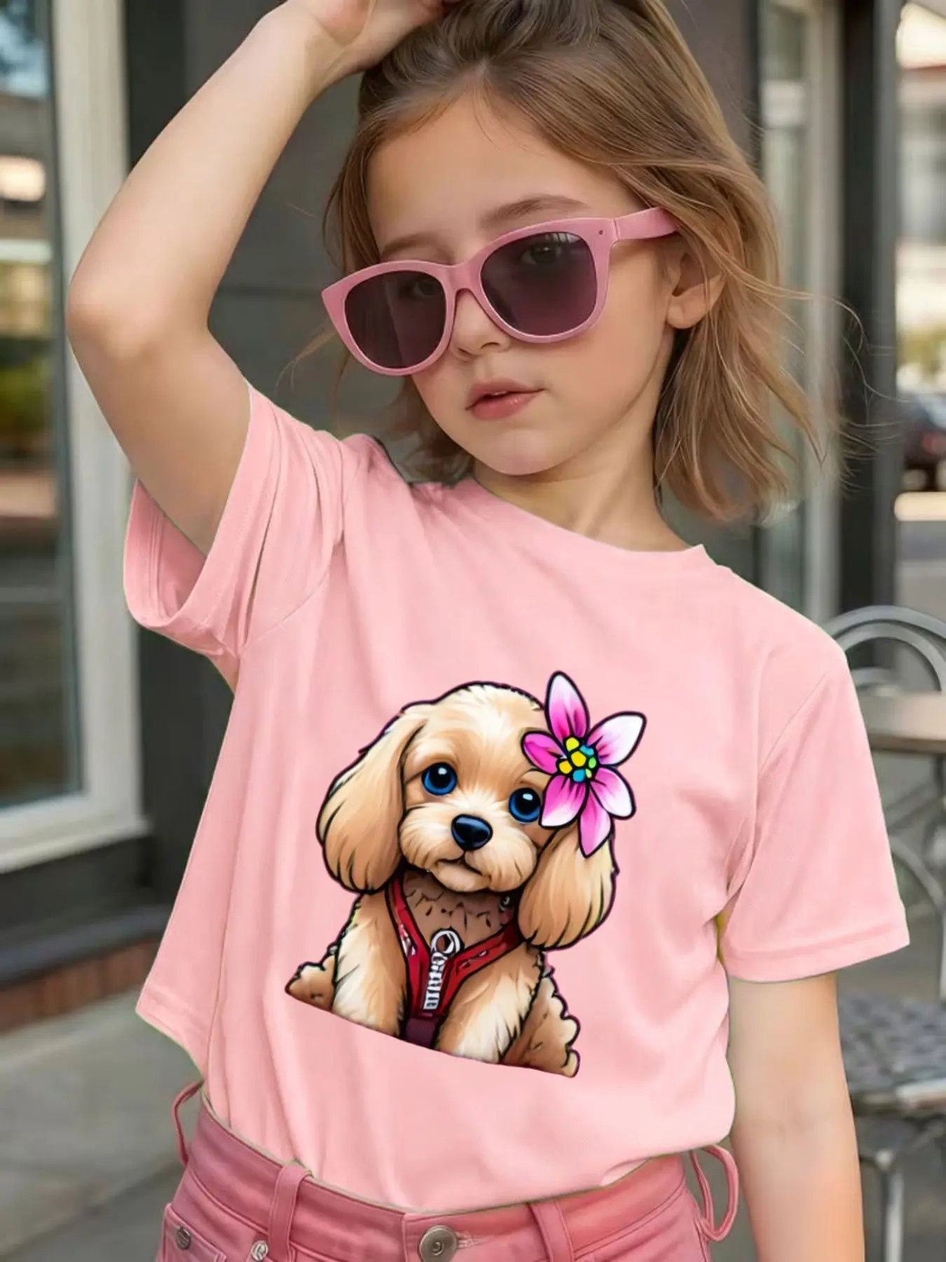 Flower Teddy Puppy Cartoon Print Kids T Shirt Boys Girls Family Match Cotton Short Sleeve Summer Children Casual Basic Wear
