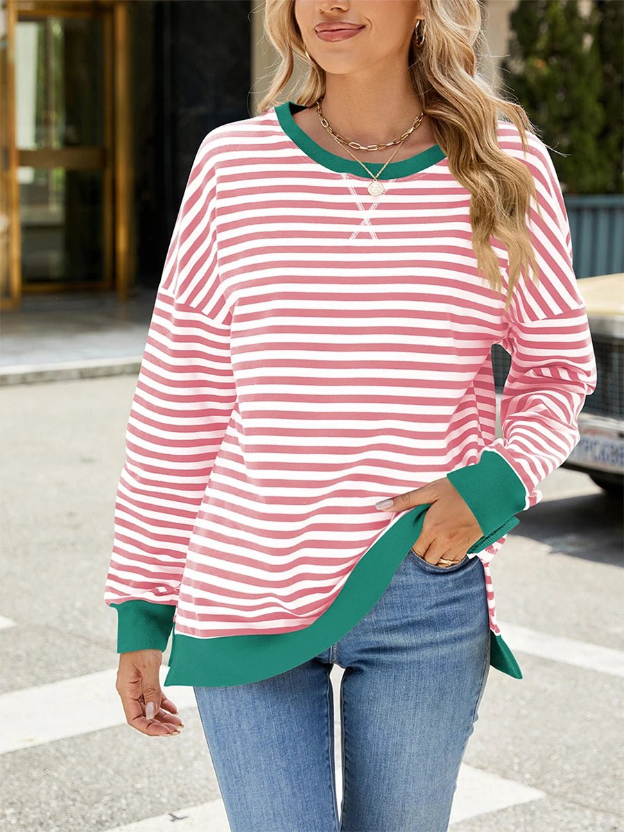 Women Loose Sportswear Striped Contrasting Color Round Neck Long Sleeved Pullover Autumn Winter Loose Casual Striped Sweatshirt