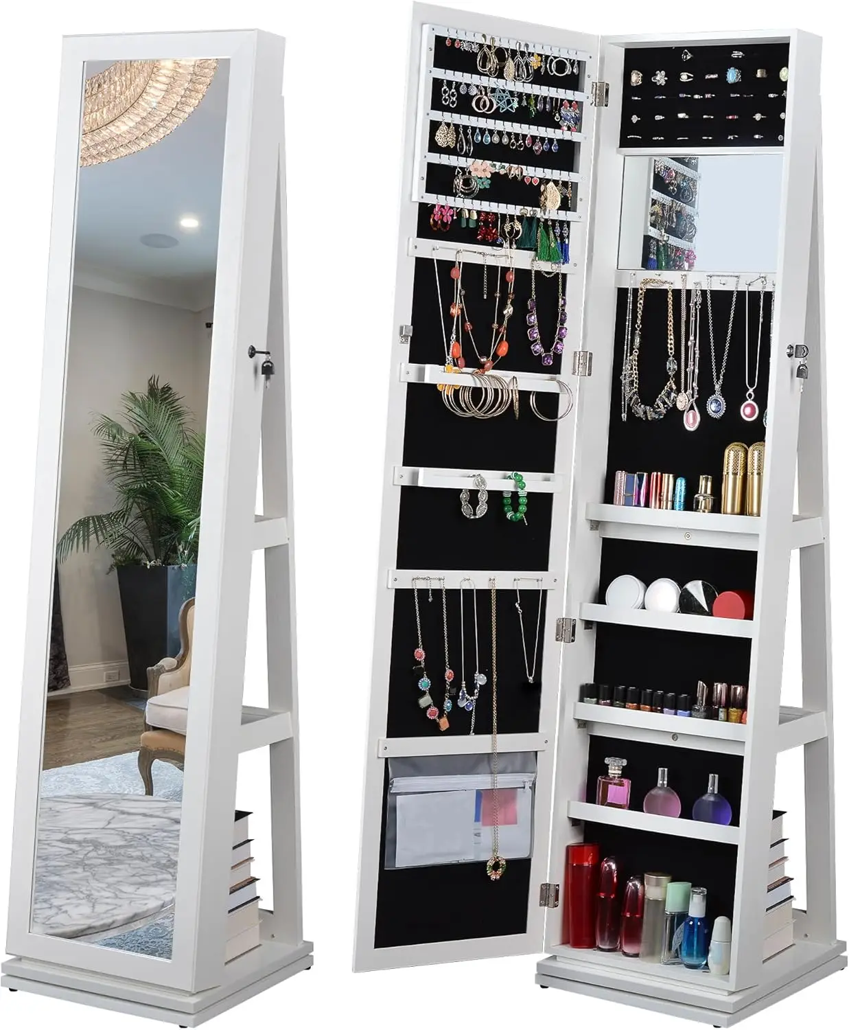 Cuisinsmart 360°Swivel Jewelry Cabinet,Lockable Standing Jewelry Armoire With Full Length Mirror,Wooden Freestanding Mirror