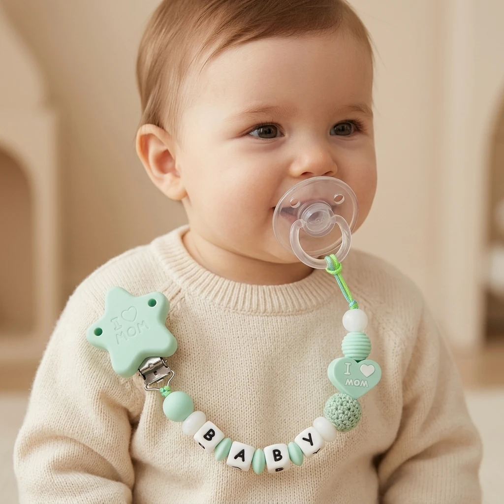 Personalized Pacifier Clip Mint Silicone Baby Teether Holder Custom Name BPA Free Handmade Dummy Chain Shower Gift