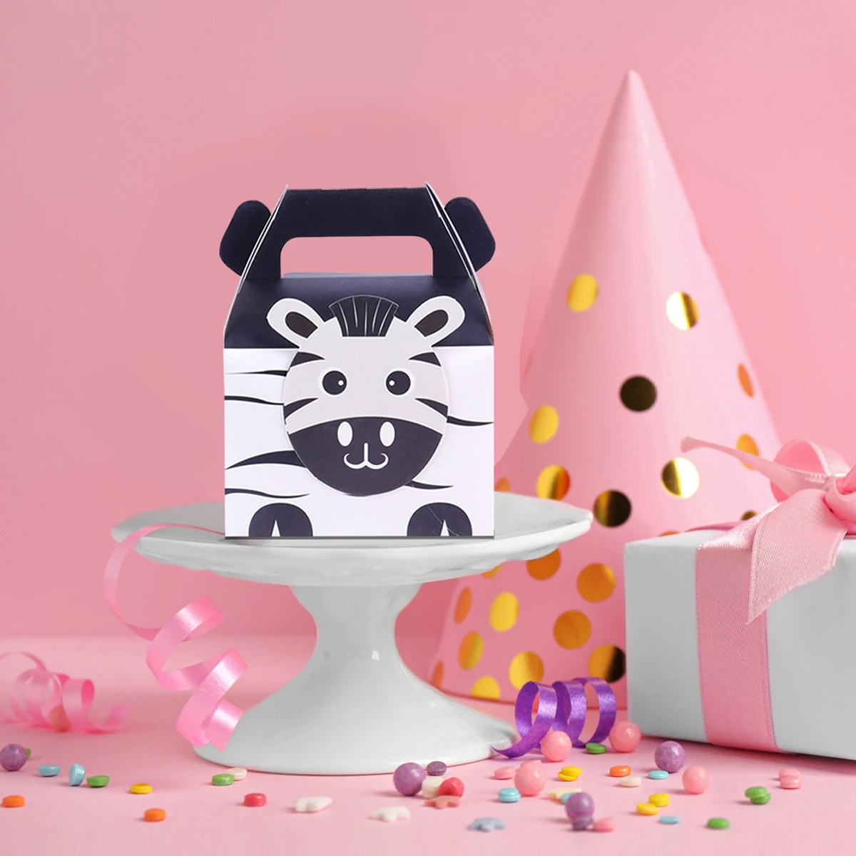 5 Stück niedliche Geschenkboxen in Zebra-Löwenform, Verpackungsboxen für Kindergeburtstag, Party-Dekoration, Süßigkeiten, Kekse und Geschenke
