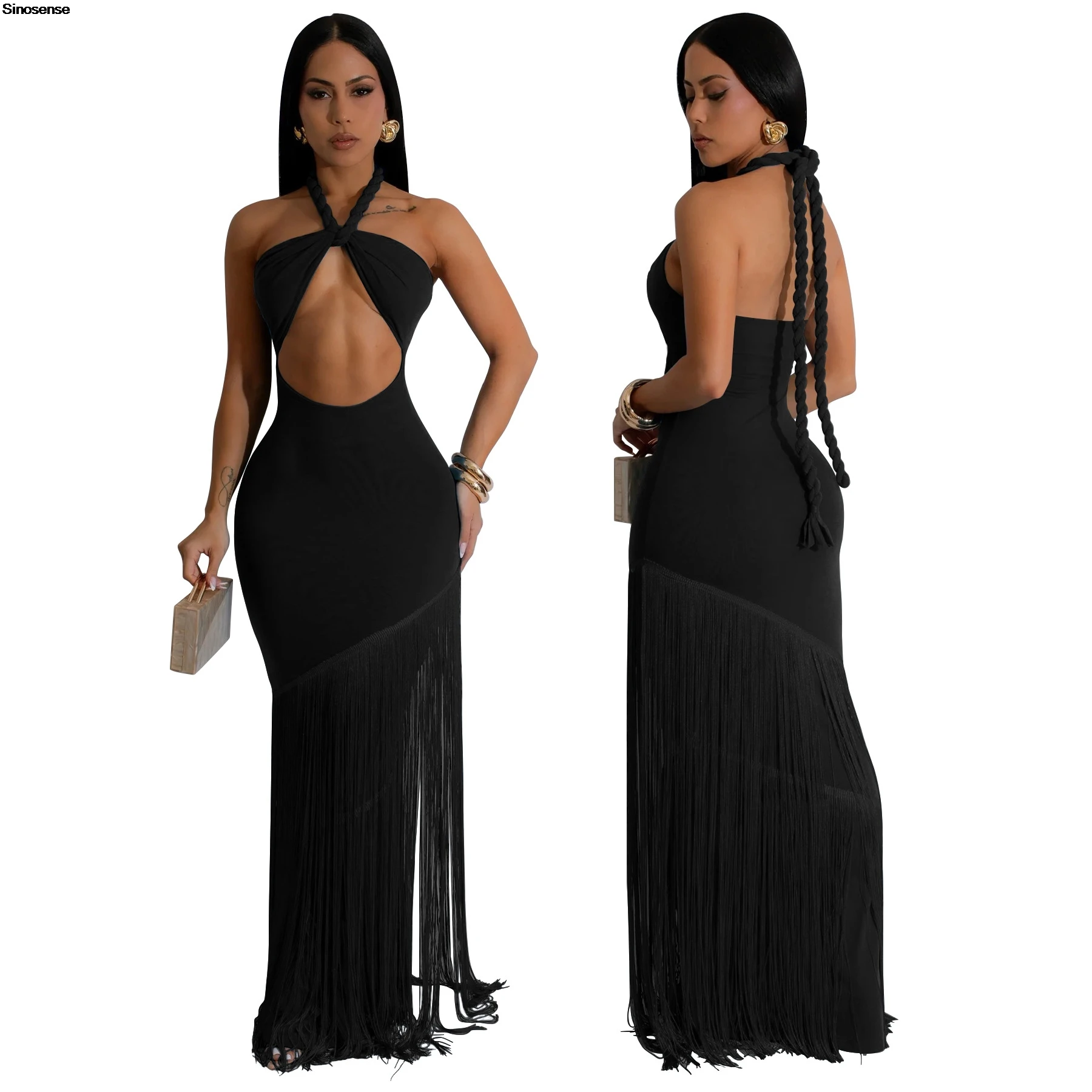 สตรี Halter Bodycon Maxi ชุดเซ็กซี่ Backless ตัดออก Slim Fringed ชุดยาว Elegant Beach Vocation Night Out Club Party Dress