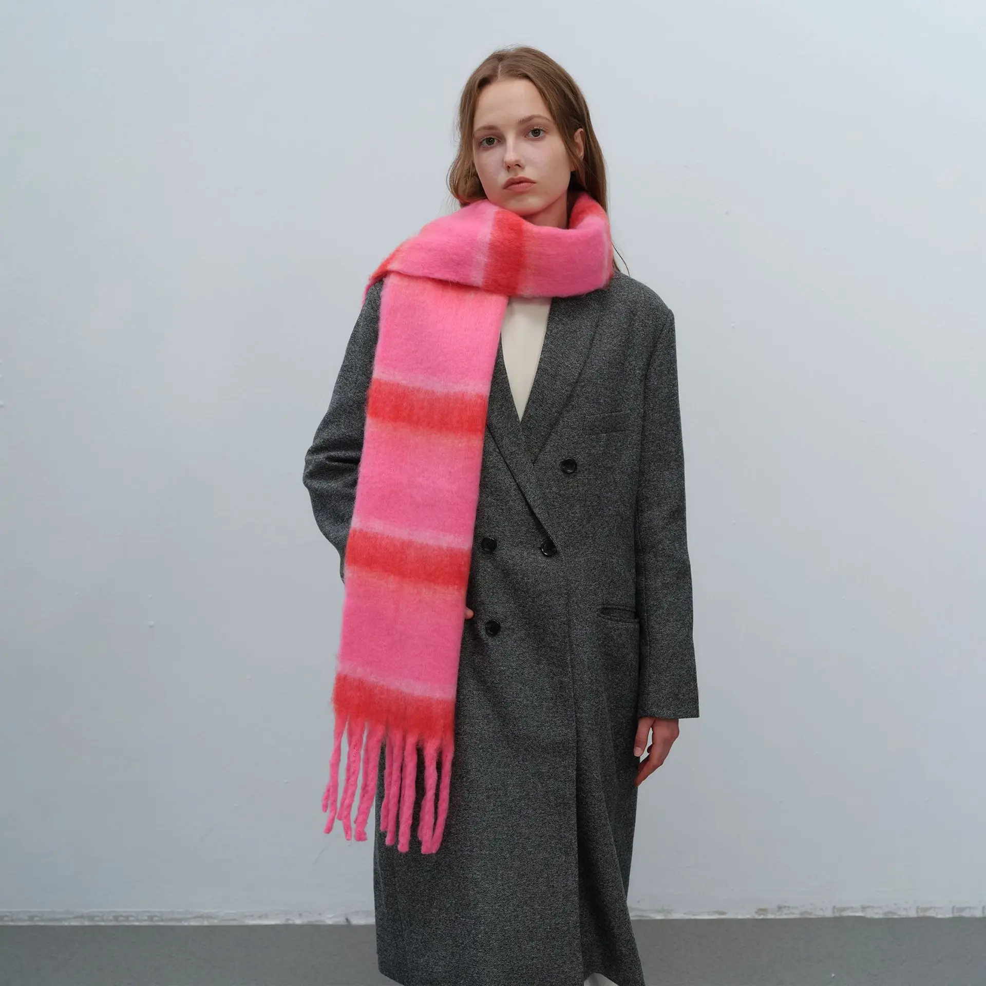 Autumn Winter New Fashion Scarf Woman Thickened Warm Polyester Mohair Two Color Simple Striped Tassel Shawl