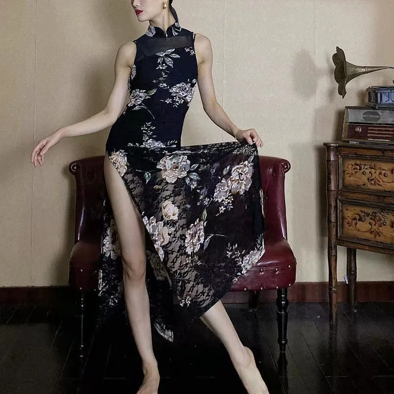 New Chinese-style Cheongsam Modern Classical Dance Dress Elegant Slimming Backless High Slit Jazz Dance Dress Sexy Fashion Woman