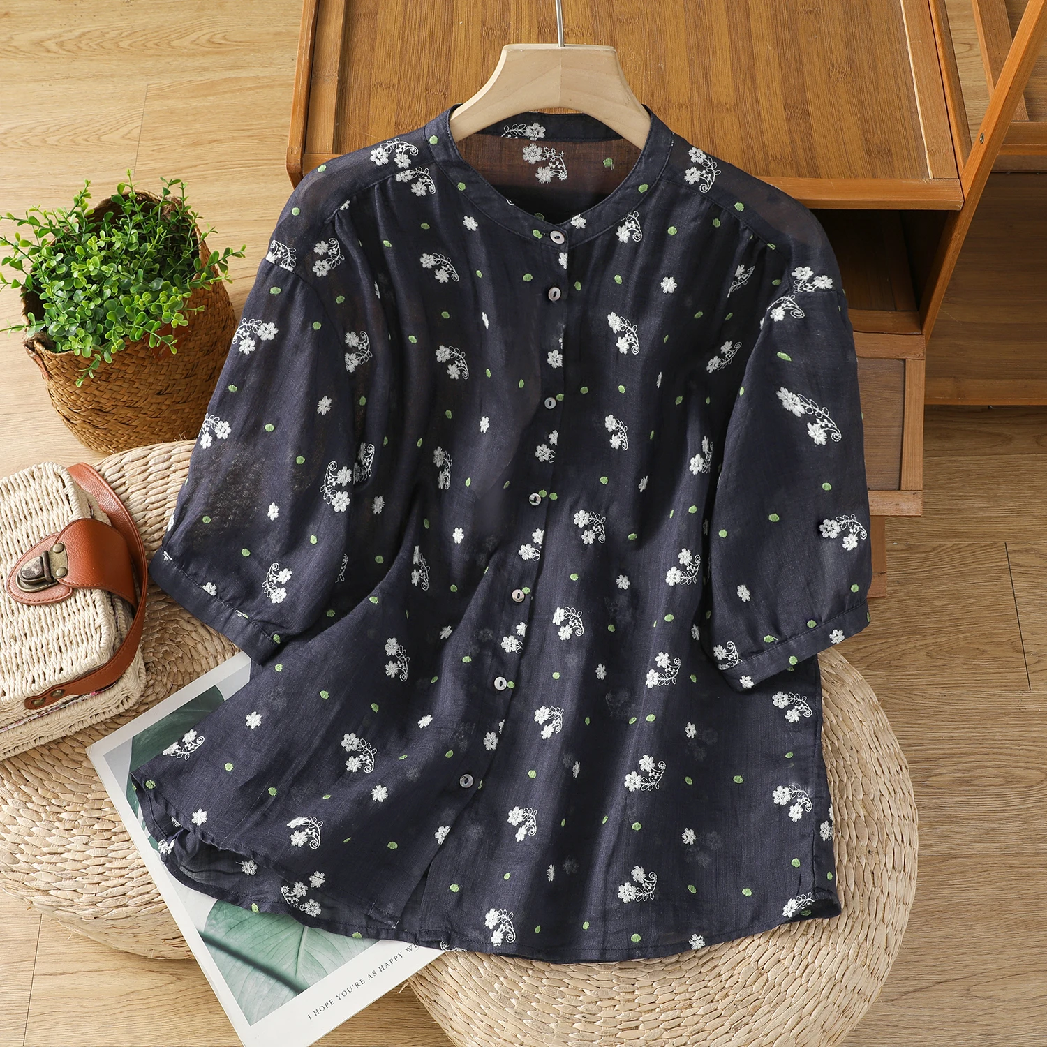 

Новый китайский льняной топ с вышивкой Mid-Slave, винтажный художественный свободный универсальный тонкий топ с цветочным принтом, женский маленький топ