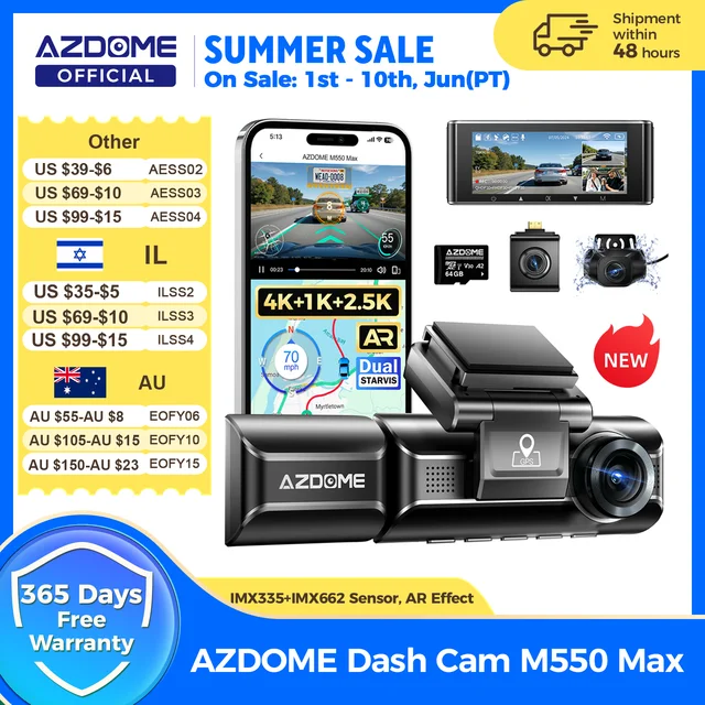 AZDOME M550 Max Kamera Samochodowa 4K+1K+2.5K Wbudowany GPS WiFi 150FOV Kamera do Samochodu Monitorowanie Parkowania 24H Noktowizor Kamera Samochodowa do Aut