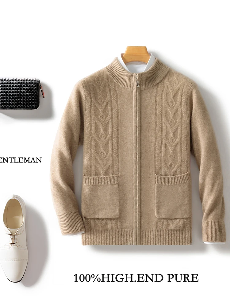 100% Merino Wool Men's Half High Neck Zipper Cardigan Pockets Autumn Winter Thick Casual Fashion Cashmere Top Knitted Sweater