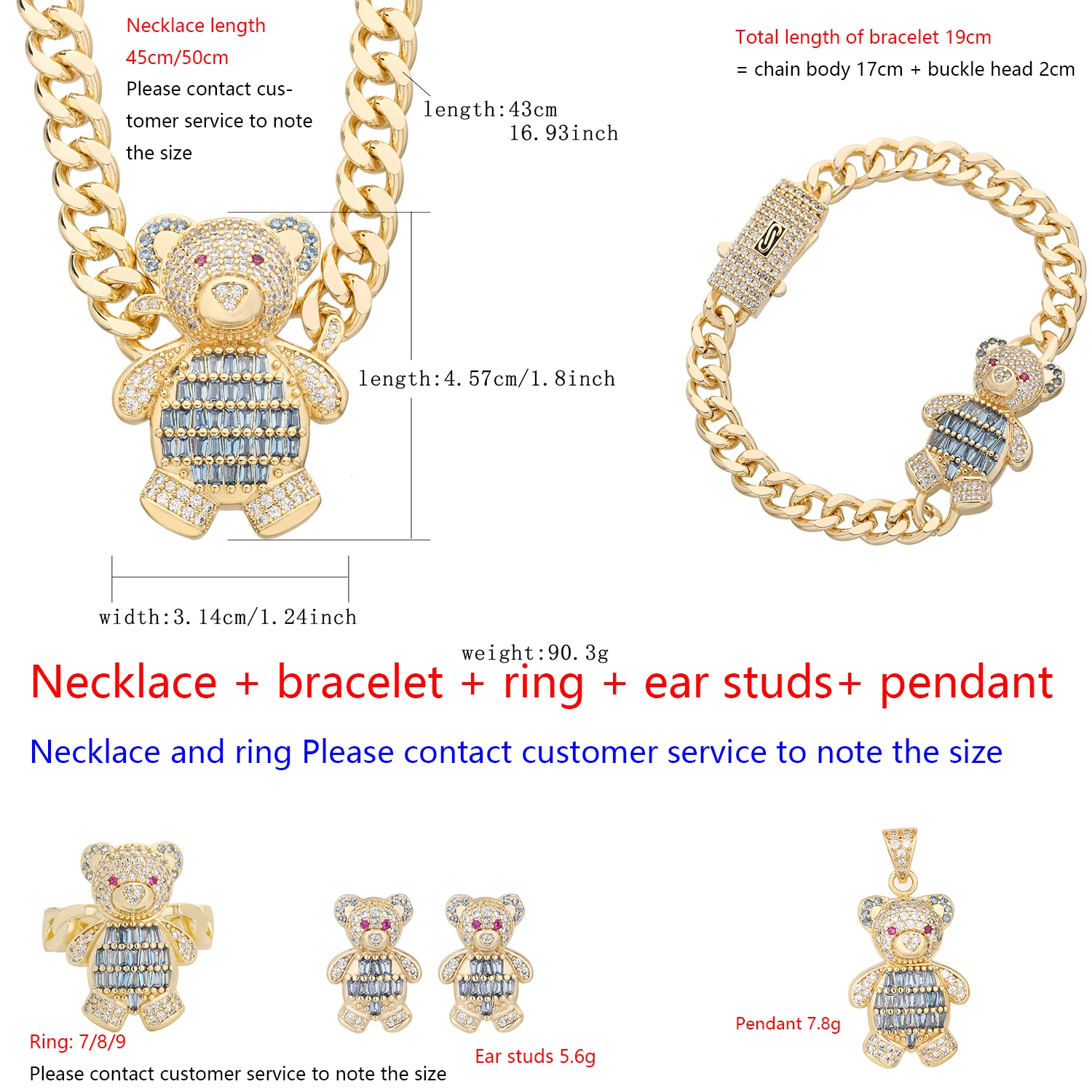 Cute teddy bear gift Sparkling crystal jewelry Girls dress up Red eyes silver bear jewelry Popular girls