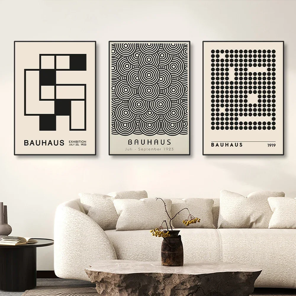 Abstract Bauhaus Style Geometric Posters Canvas Painting Black Linen Beige Background Pictures and Prints Wall Art Home Decor