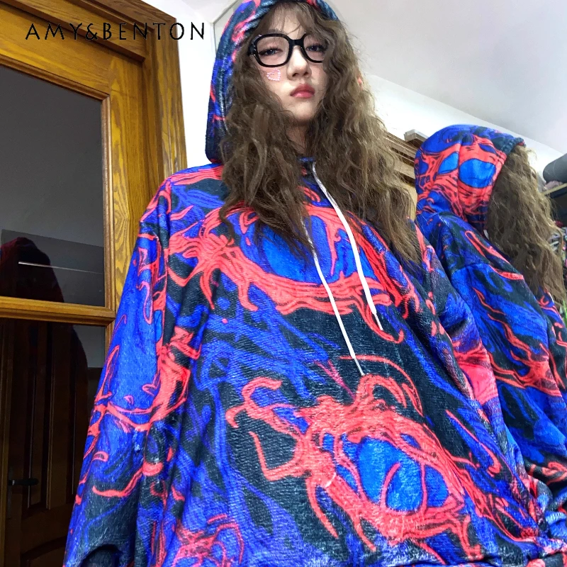 

Autumn Winter New Subculture Blue Fleece-Lined Women's Hoodies Original Design Loose Versatile Long Sleeve Sweatshirt Ladies