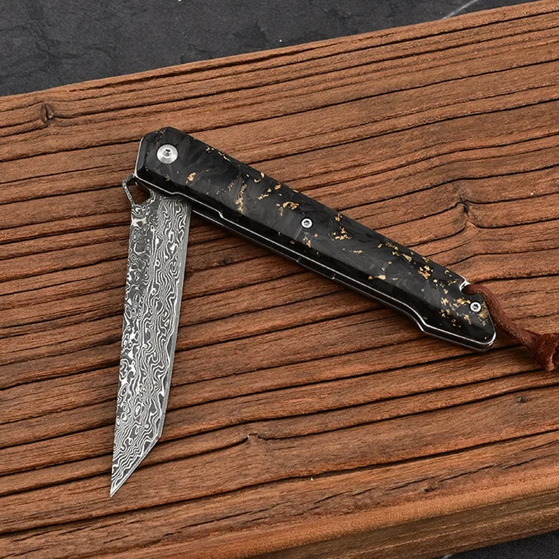 Damascus Folding Knife Shredded Carbon Fiber Handle Pocket Knife Outdoor Defense Knife Camping Portable Fruit Knife