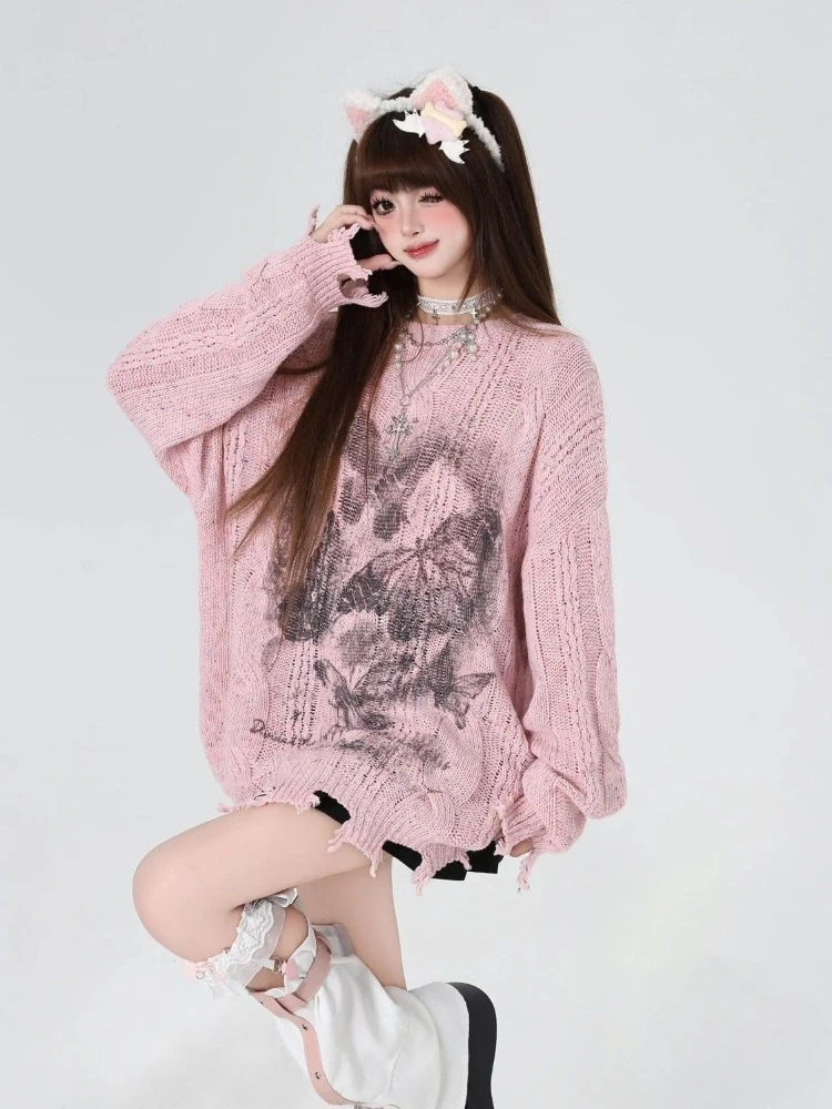 QWEEK Oversize Grunge Sweater 2024 Autumn Fashion Gothic Goth Harajuku Butterfly Print Knitted Knit Pullovers Long Sleeve Top