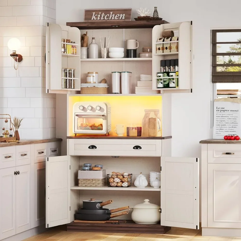 

72.6" Kitchen Pantry Cabinet Operation Table Pantry Furniture LED Lights and Power Strip Kitchen Cabinets Adjustable Shelves