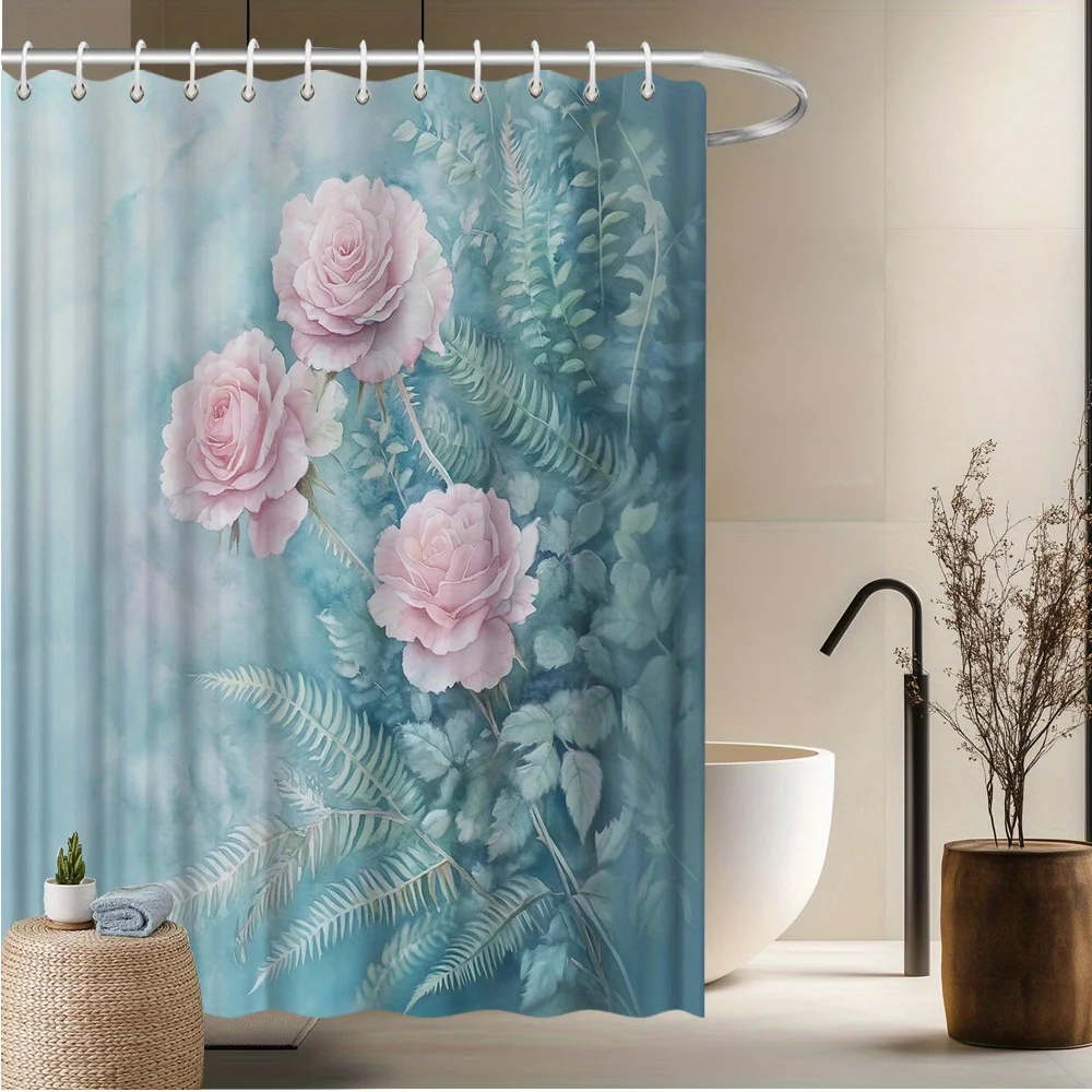 Pink Rose Shower Curtain, Delicate Floral Design with Roses & Ferns, Anti-Fade Polyester,  Machine Washable, Elegant Bath Decor