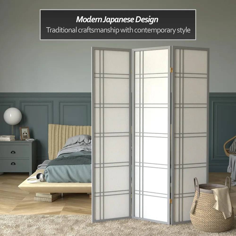 6 ft. Tall Double Cross Shoji Screen-Grey-3 Panels Room Divider