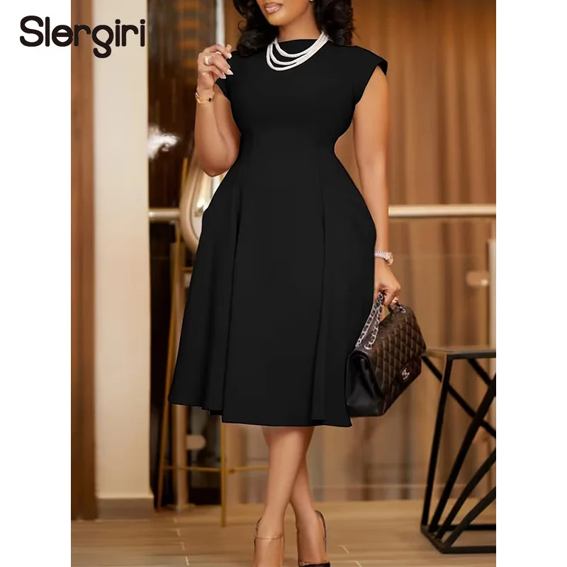 

Slergiri Plus Size Vintage O-Neck Short Sleeve Black Dress Women Summer Elegant Zipper Back Office Ladies Slim A-Line Dresses