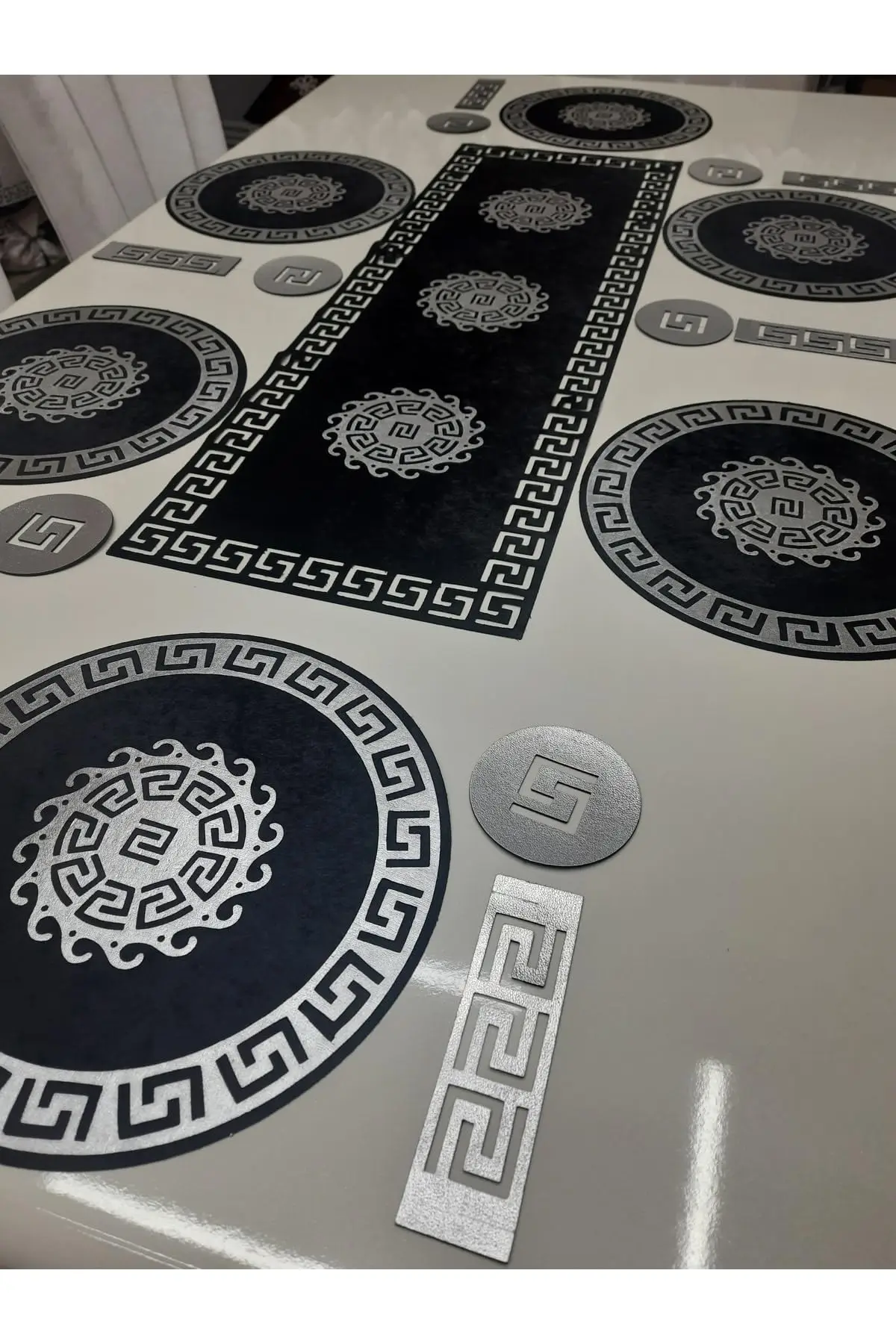 19-Piece Quality Velvet Table Runner and Placemat Set for 6 People Black/Silver with Intricate Embroidery